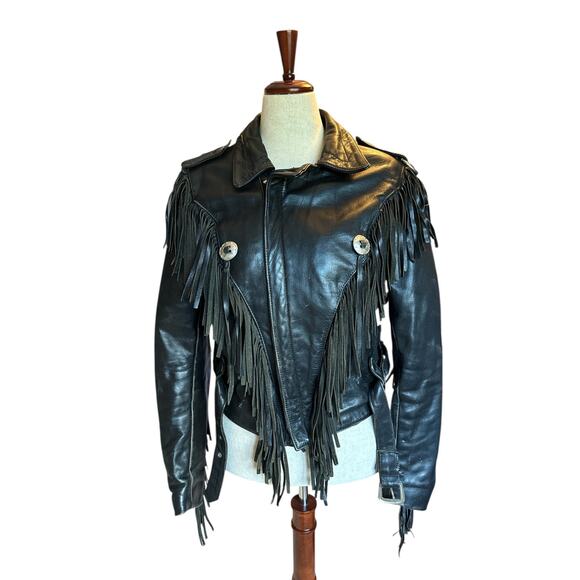 Open Road | Vintage Black Fringe Leather Motorcycle Jacket | Size 38 | Medium - Picture 1 of 13
